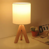 Modern Nordic Wood Tripod Table Lamp with White Linen Drum Shade for Bedroom and Nightstand 15 Inch