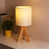 Modern Nordic Wood Tripod Table Lamp with White Linen Drum Shade for Bedroom and Nightstand 15 Inch