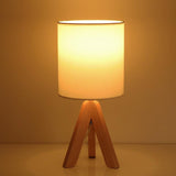 Modern Nordic Wood Tripod Table Lamp with White Linen Drum Shade for Bedroom and Nightstand 15 Inch