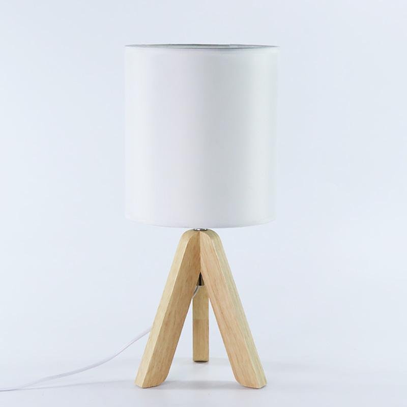 Modern Nordic Wood Tripod Table Lamp with White Linen Drum Shade for Bedroom and Nightstand 15 Inch
