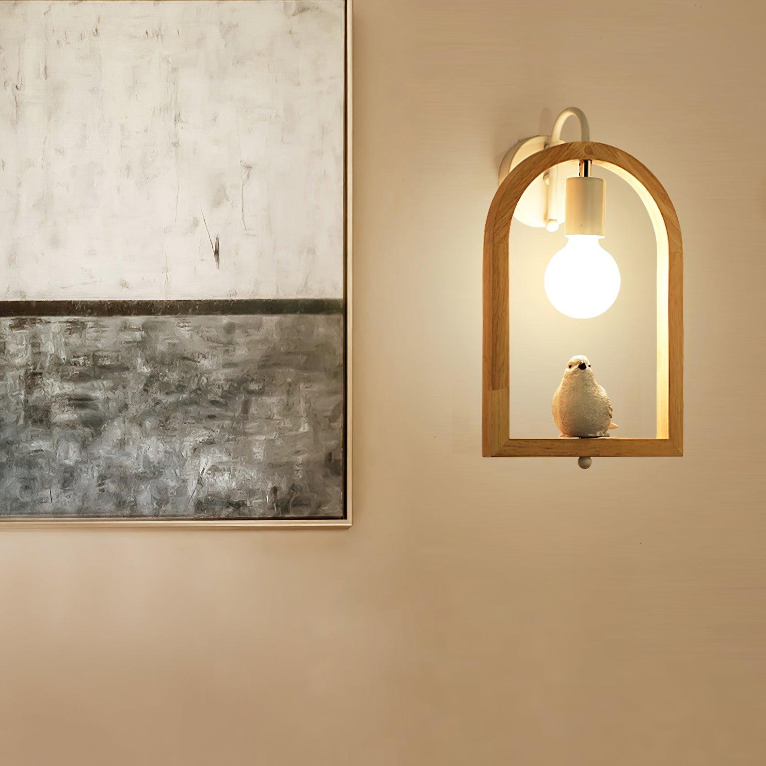 Modern Oak Wood and Resin Bird Wall Light Decorative LED Sconce Pair