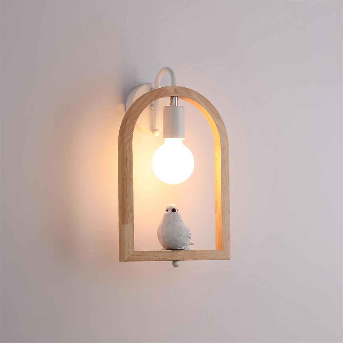 Modern Oak Wood and Resin Bird Wall Light Decorative LED Sconce Pair