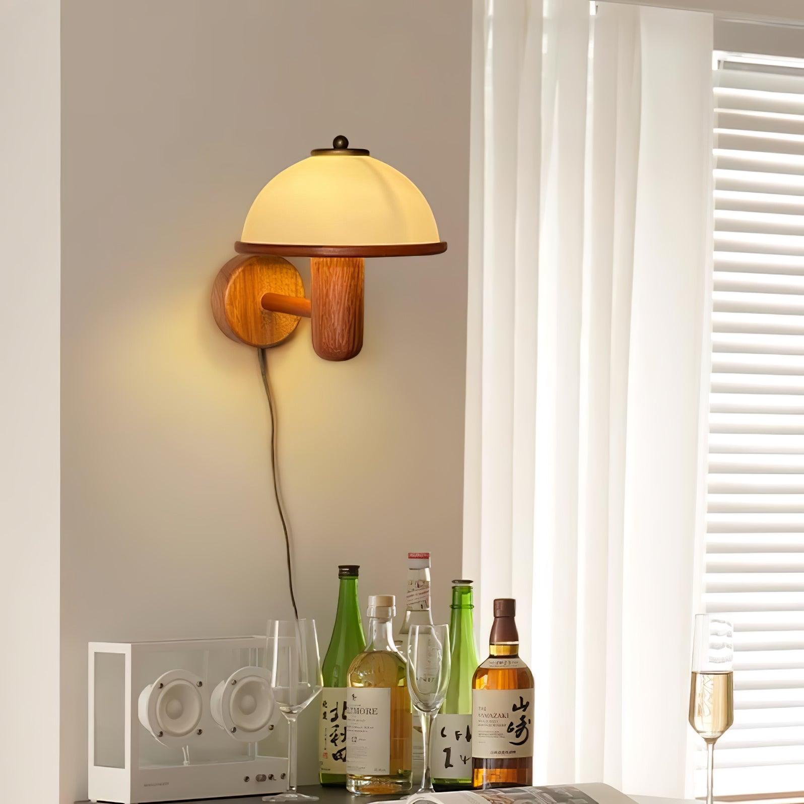 Modern Oak Wood Mushroom Wall Sconce with White Diffuser Shade for Indoor Lighting
