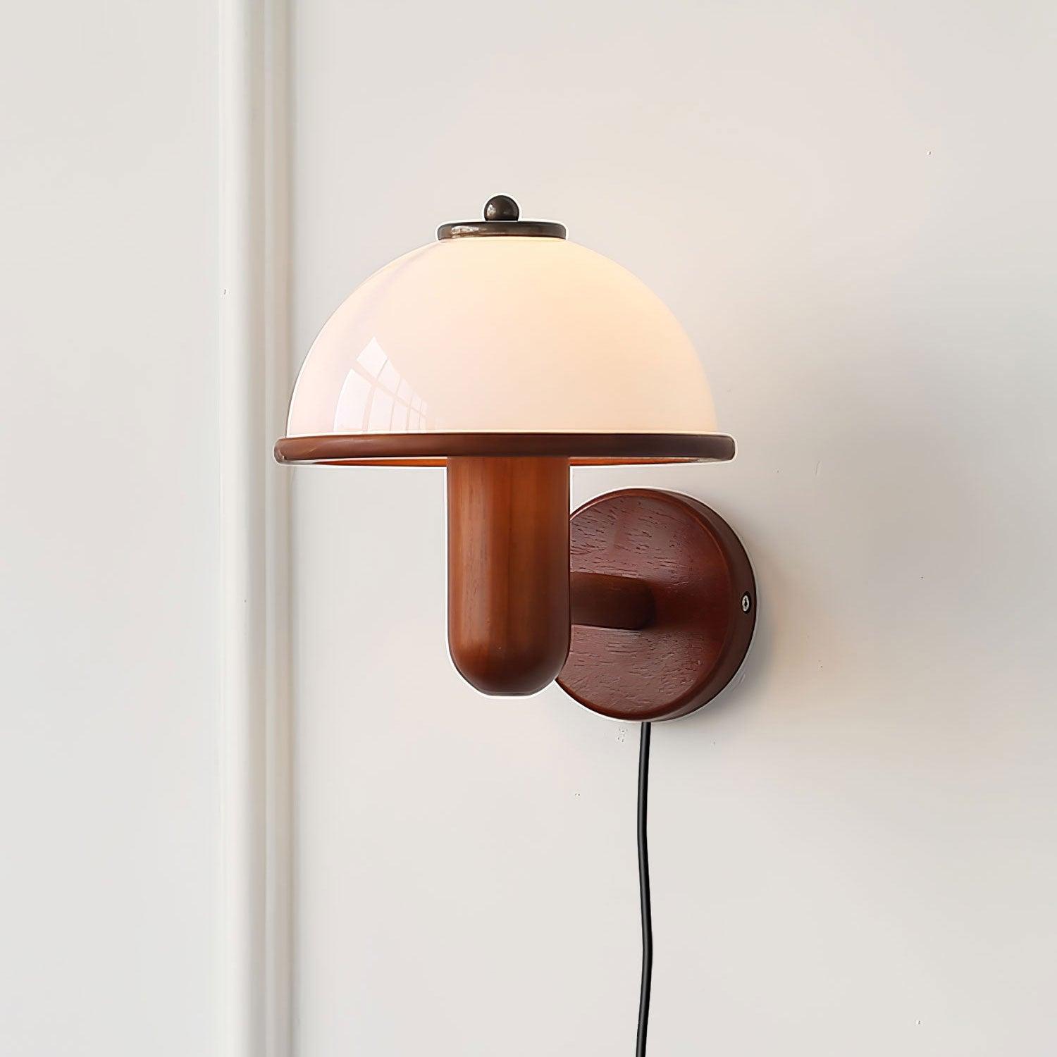 Modern Oak Wood Mushroom Wall Sconce with White Diffuser Shade for Indoor Lighting