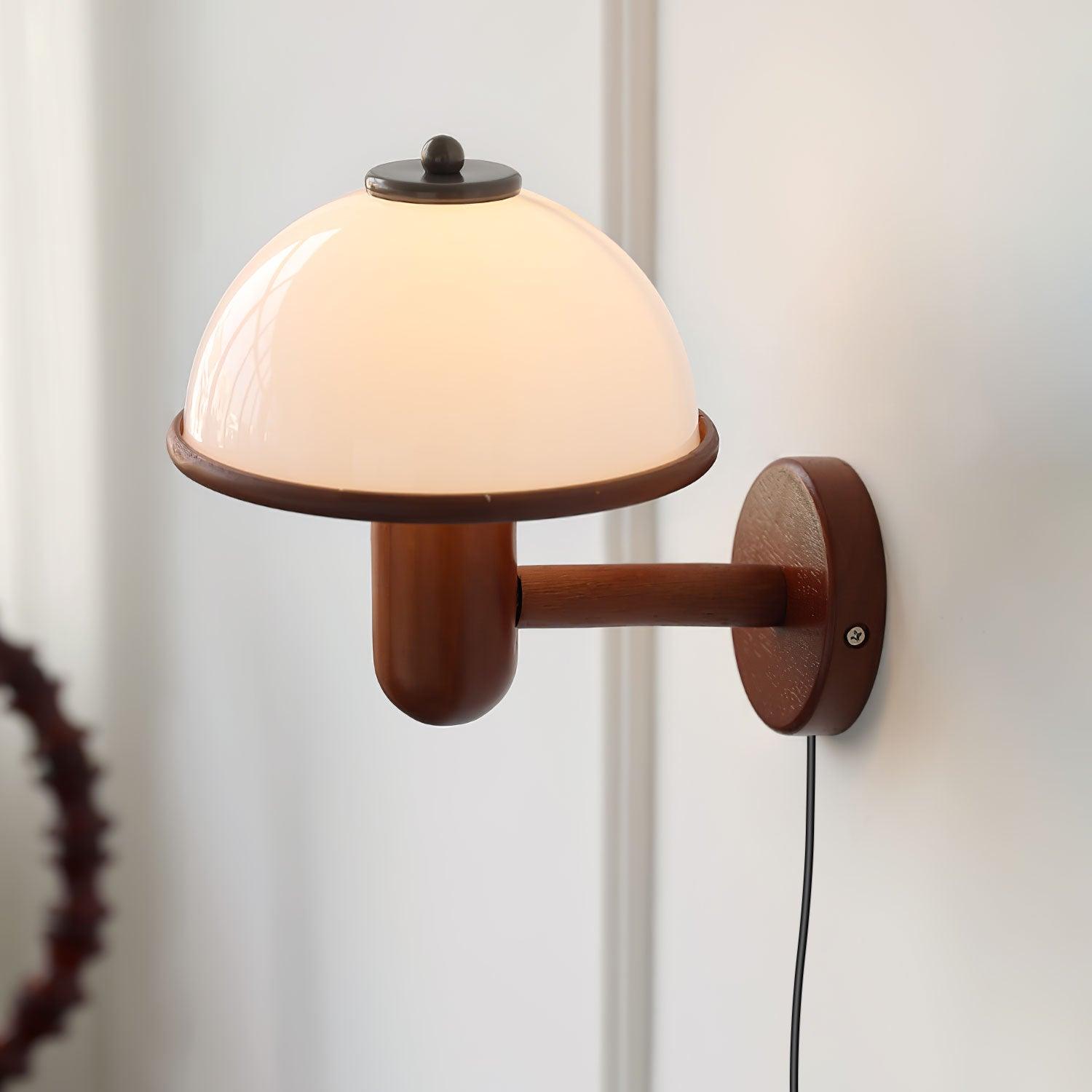 Modern Oak Wood Mushroom Wall Sconce with White Diffuser Shade for Indoor Lighting