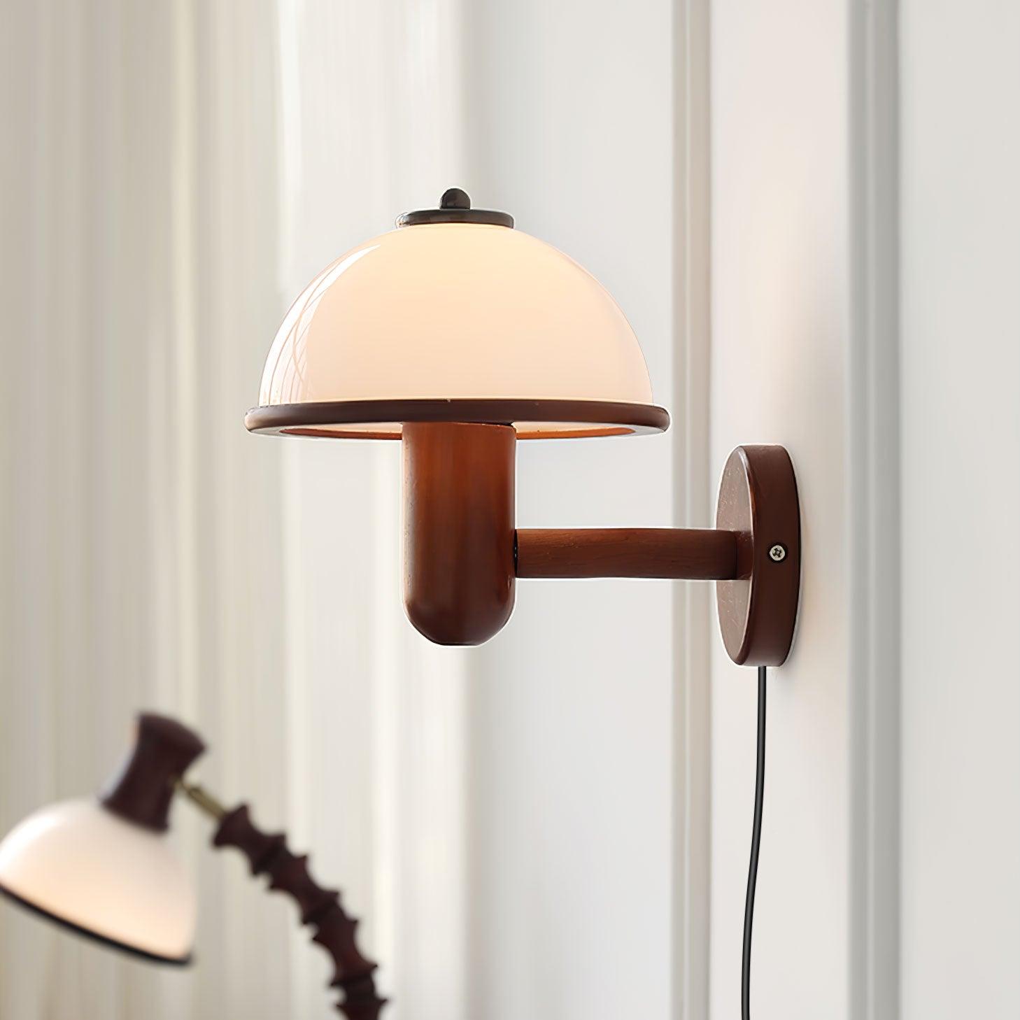 Modern Oak Wood Mushroom Wall Sconce with White Diffuser Shade for Indoor Lighting