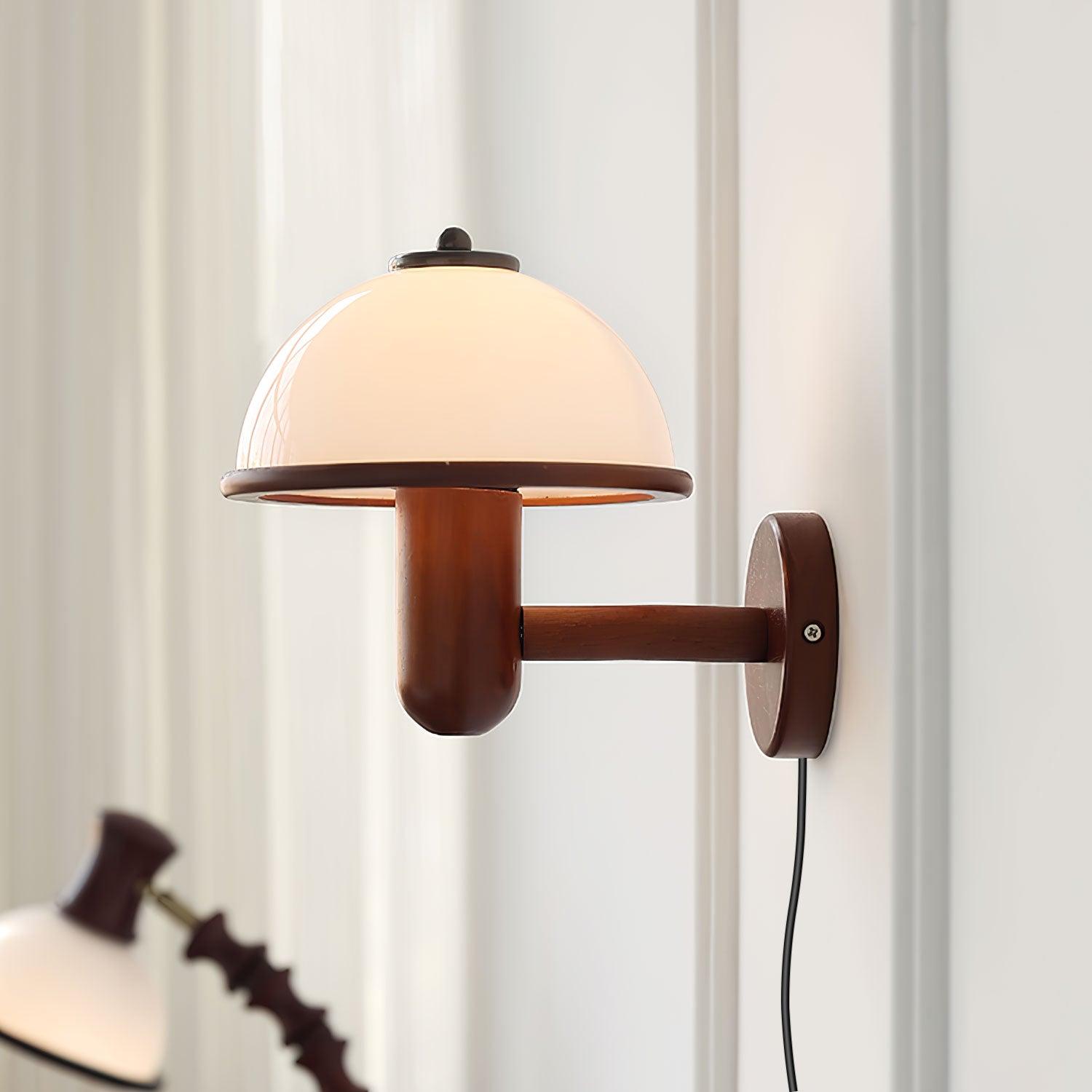 Modern Oak Wood Mushroom Wall Sconce with White Diffuser Shade for Indoor Lighting