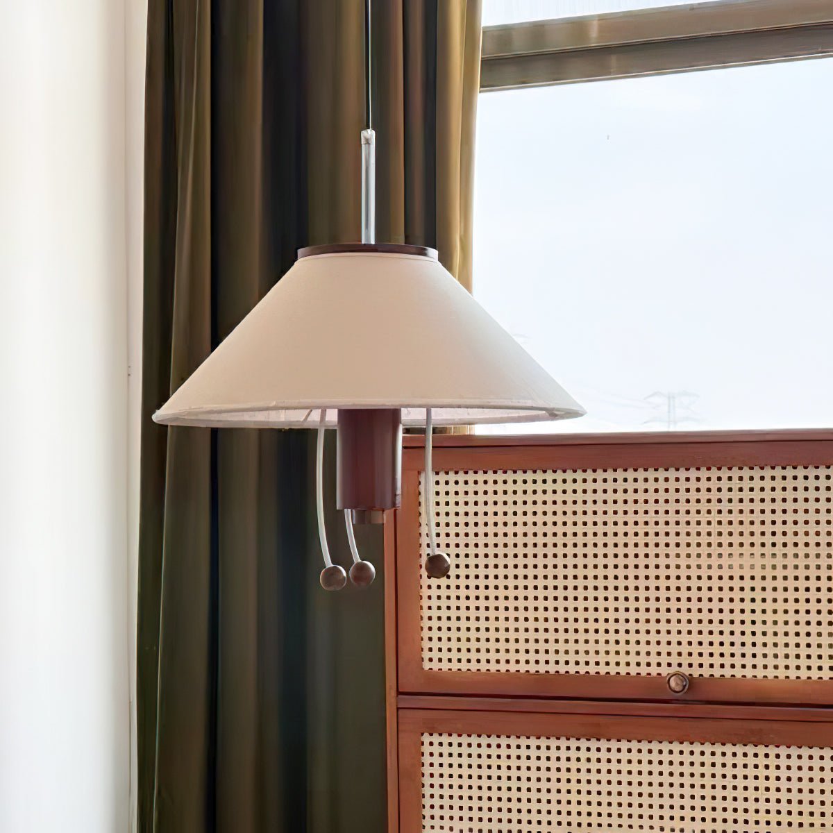 Modern Octopus Organic Shaped Pendant Light with Wood Accents and Fabric Shade