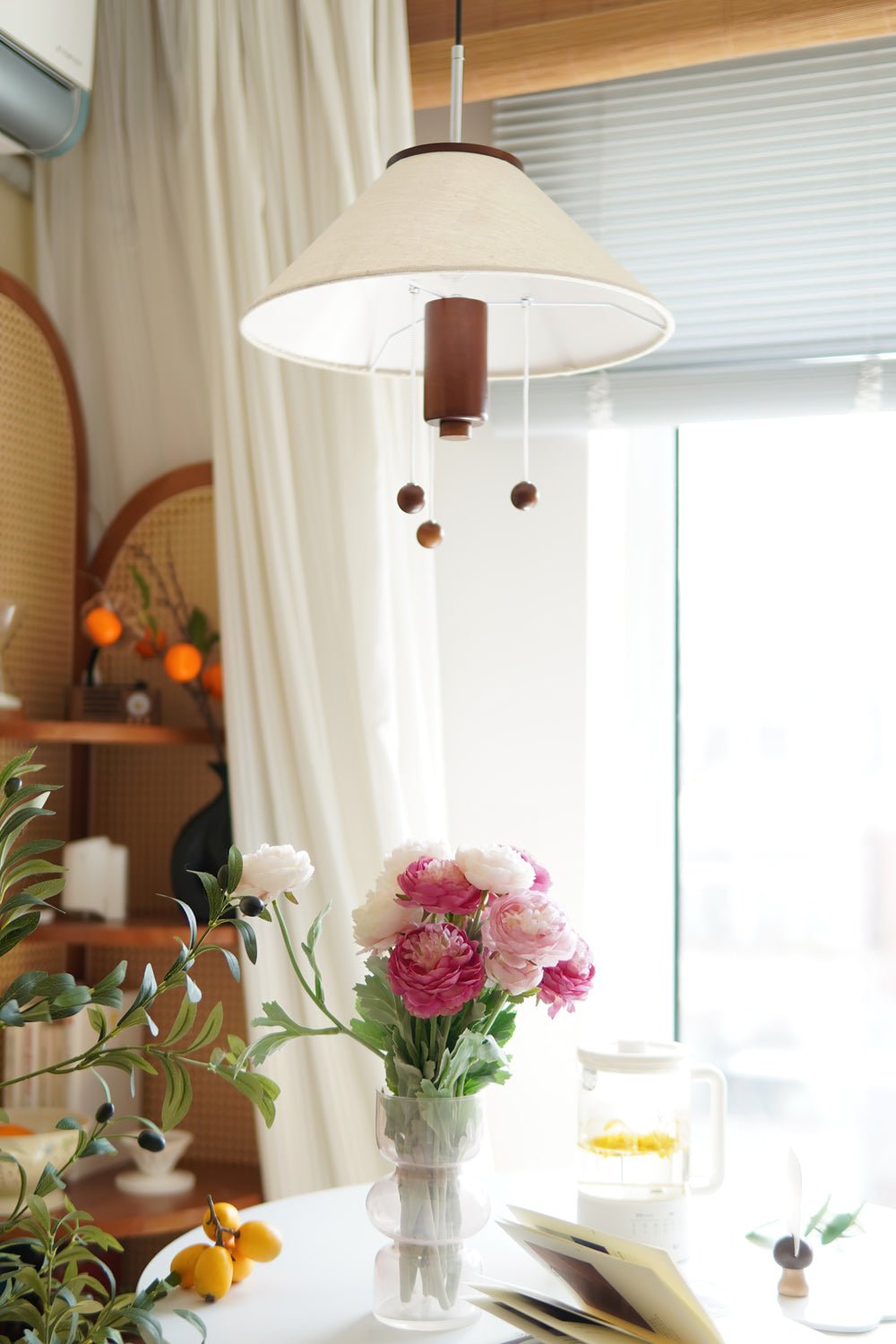 Modern Octopus Organic Shaped Pendant Light with Wood Accents and Fabric Shade
