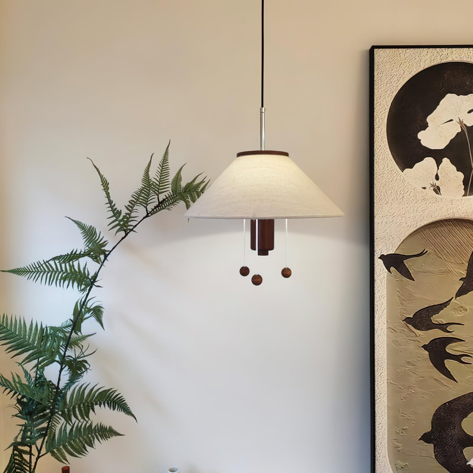 Modern Octopus Organic Shaped Pendant Light with Wood Accents and Fabric Shade