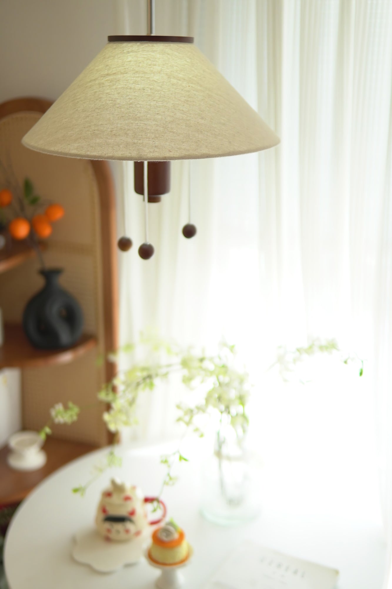 Modern Octopus Organic Shaped Pendant Light with Wood Accents and Fabric Shade