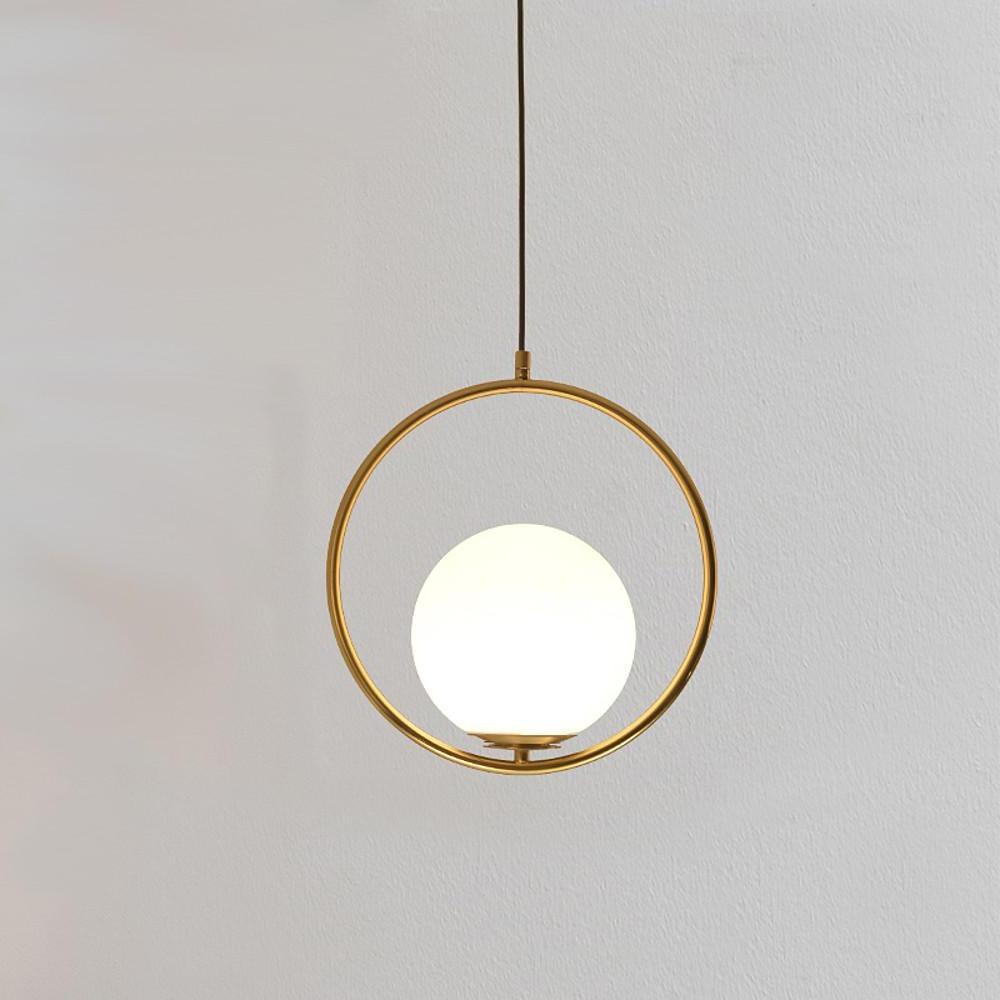 Modern Opal Glass Globe Pendant Light with Metal Ring Frame for Living Room and Bedroom
