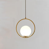 Modern Opal Glass Globe Pendant Light with Metal Ring Frame for Living Room and Bedroom
