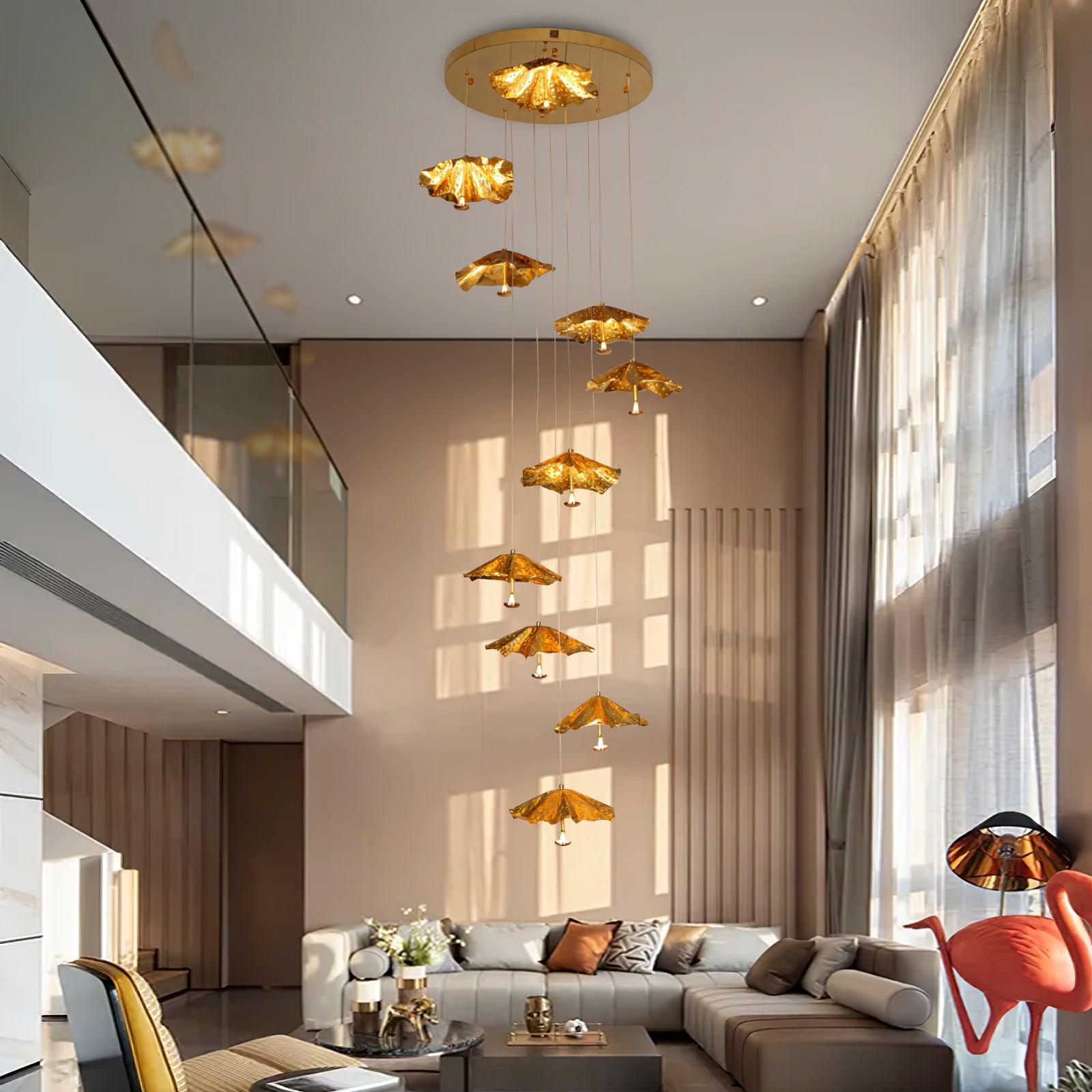 Modern Organic Brass Lotus Leaf LED Chandelier Hanging Ceiling Light Fixture