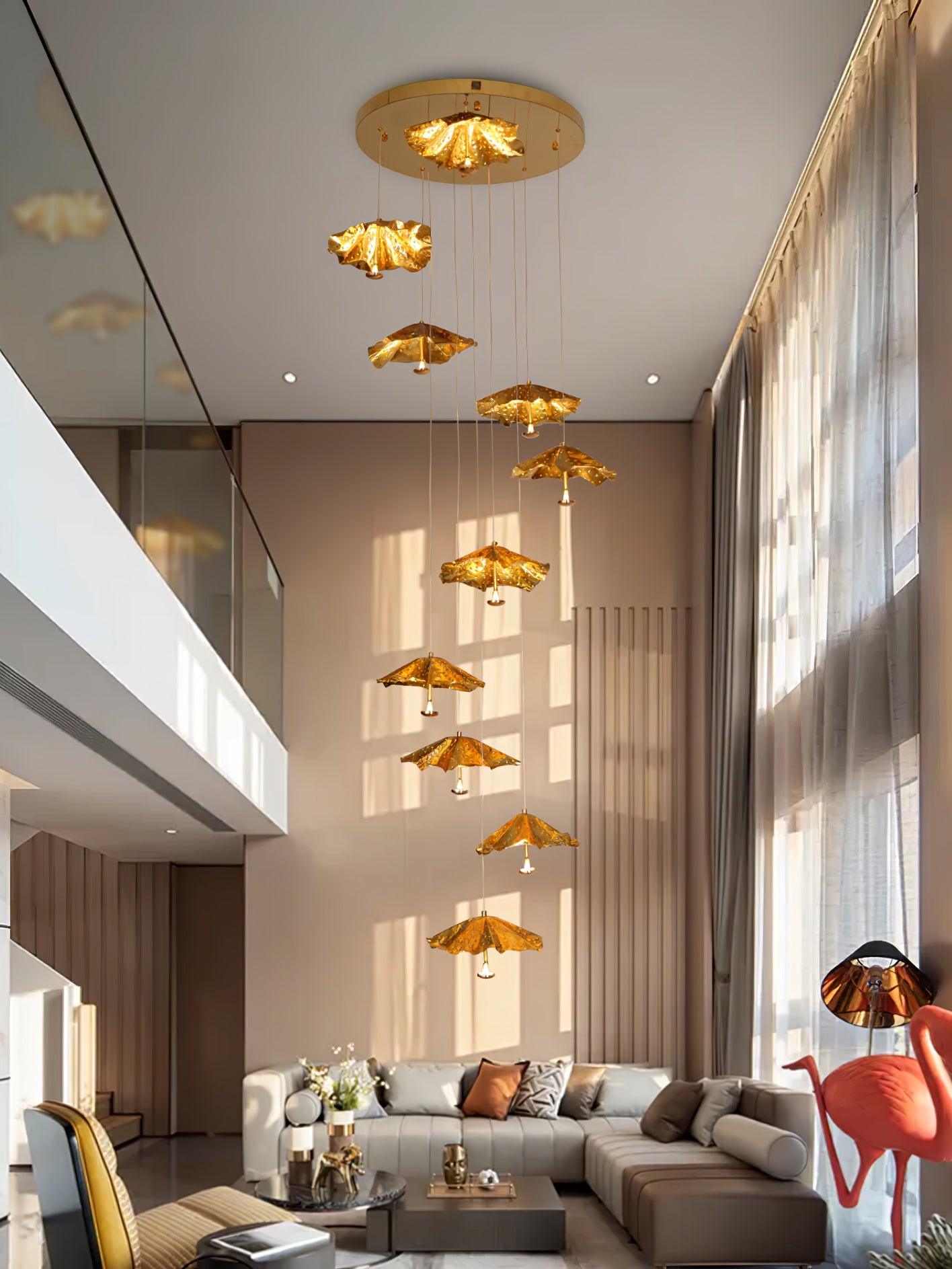 Modern Organic Brass Lotus Leaf LED Chandelier Hanging Ceiling Light Fixture