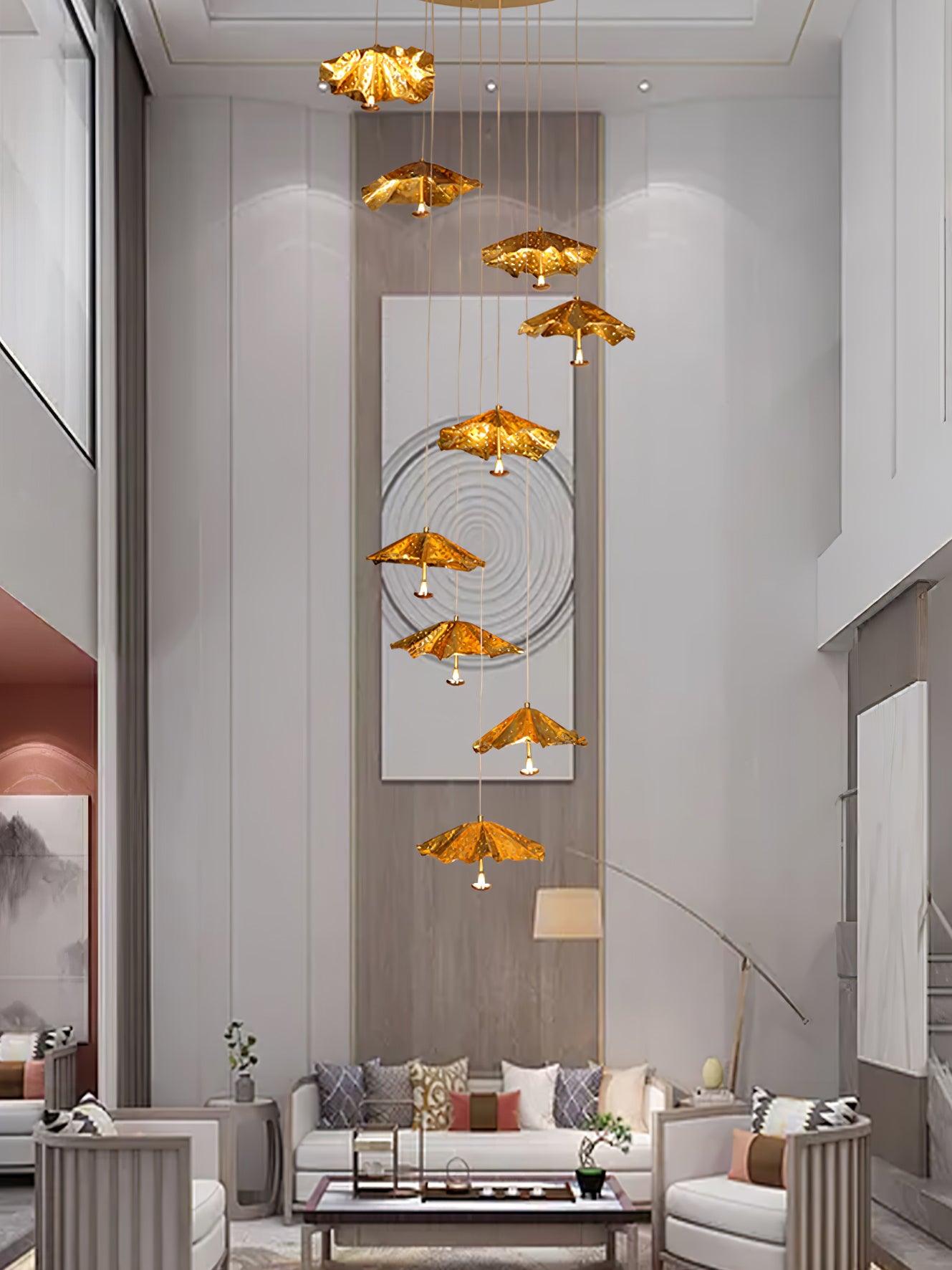 Modern Organic Brass Lotus Leaf LED Chandelier Hanging Ceiling Light Fixture