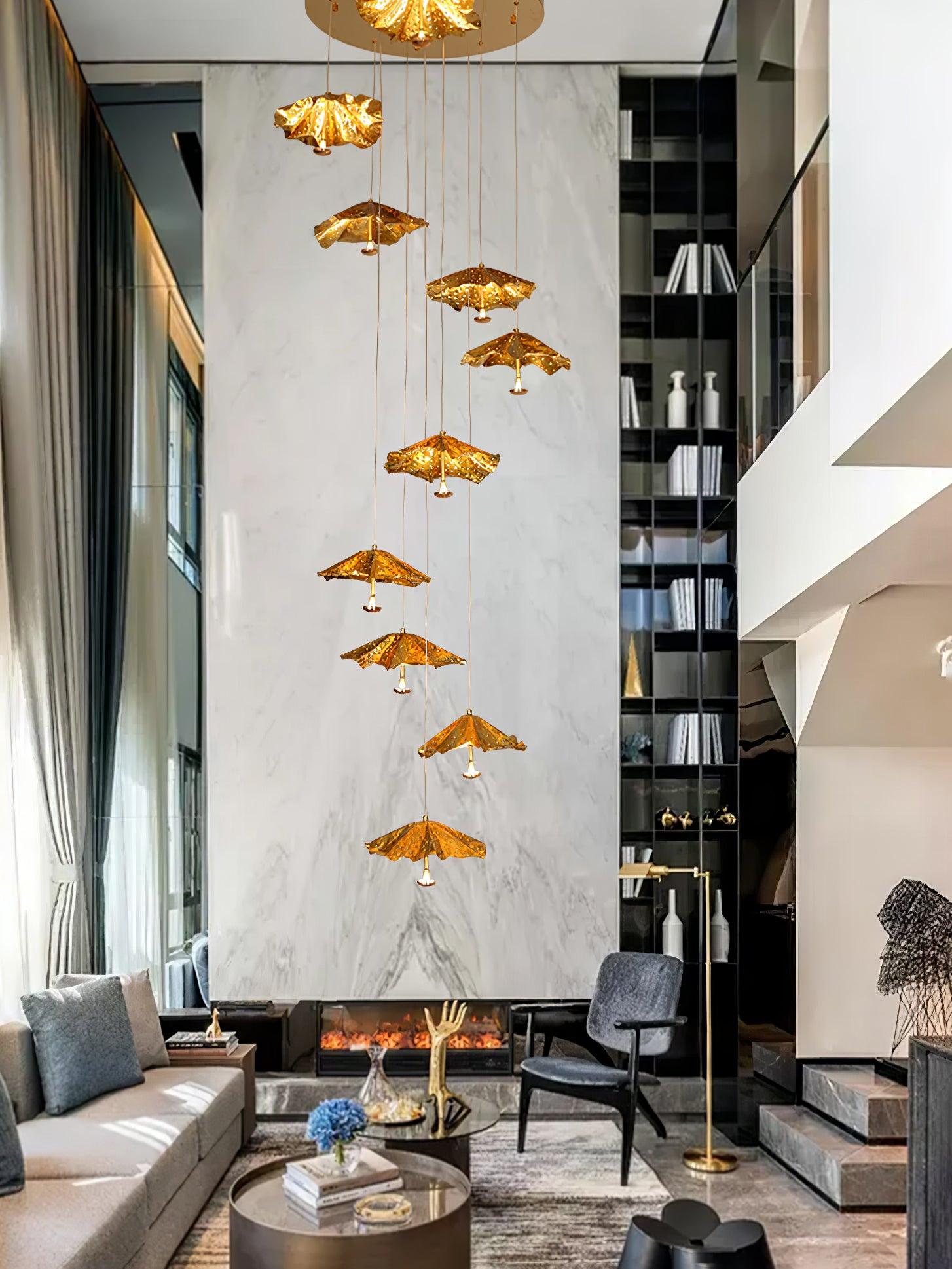 Modern Organic Brass Lotus Leaf LED Chandelier Hanging Ceiling Light Fixture