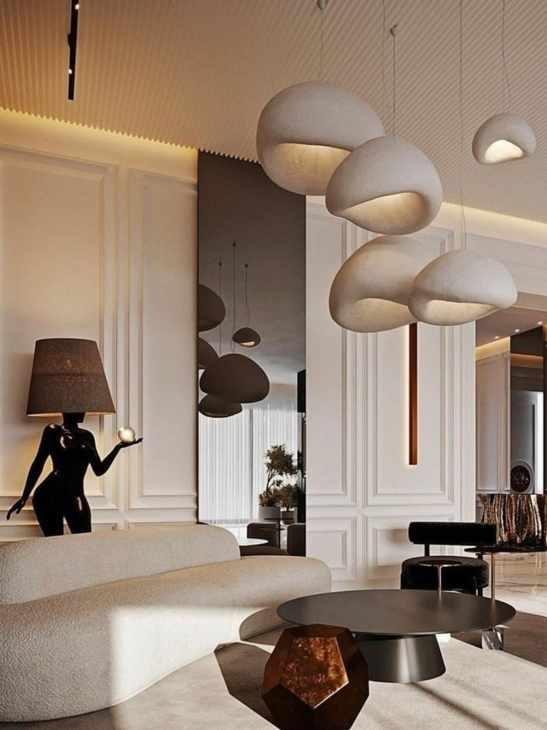 Modern Organic Cloud Chandelier with Rough Texture HDPE Shades and Adjustable Cables