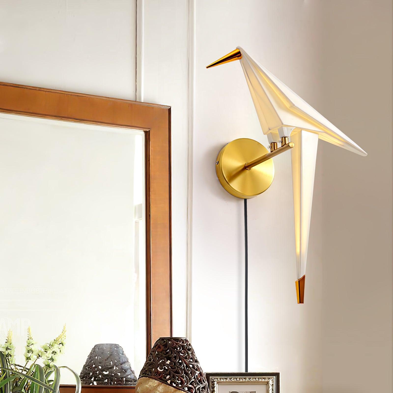 Modern Origami Bird Plug In Wall Sconce Set of 2 Gold and White Adjustable Sconce