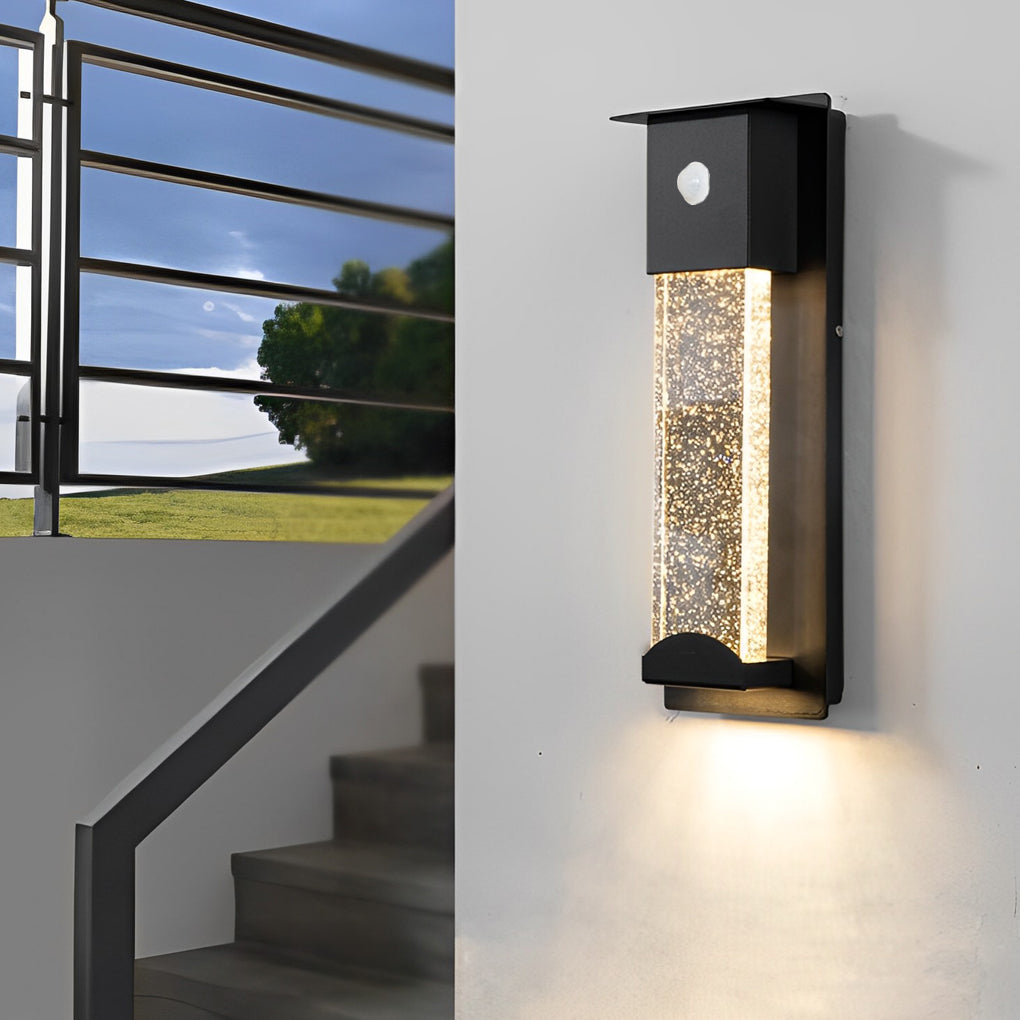 Modern Outdoor Motion Sensor Wall Sconce Waterproof LED Crystal Bubble Glass Porch Light Matte Black