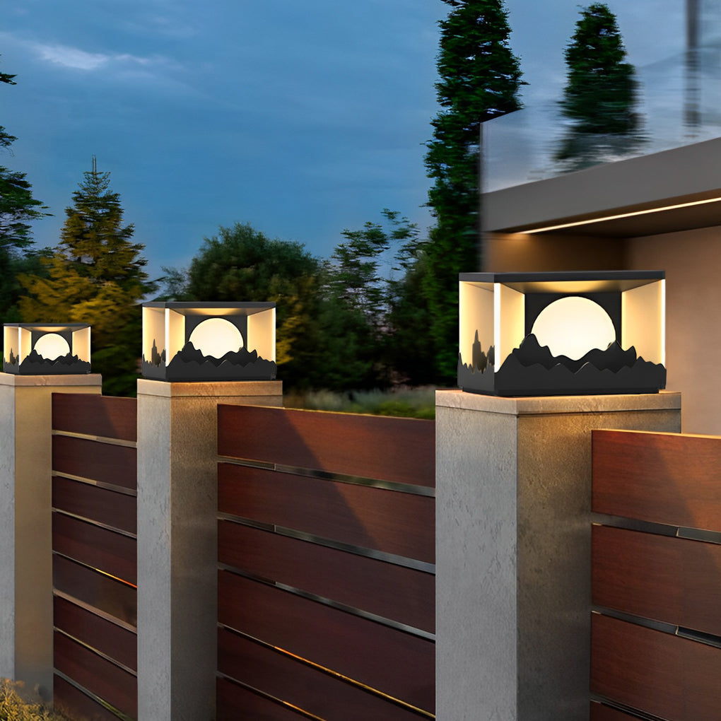 Modern Outdoor Solar Fence Post Lights Mountain Scenery Waterproof LED Landscape Pillar Lighting