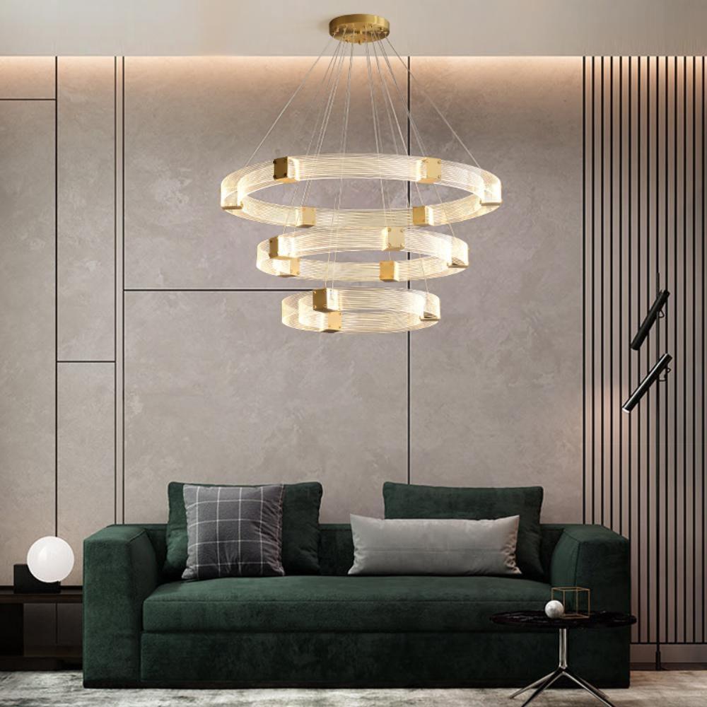 Modern Parallel Acrylic Ring LED Chandelier Luxury Brass Geometric Pendant Light