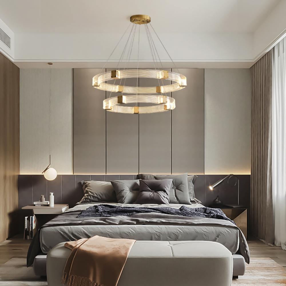 Modern Parallel Acrylic Ring LED Chandelier Luxury Brass Geometric Pendant Light