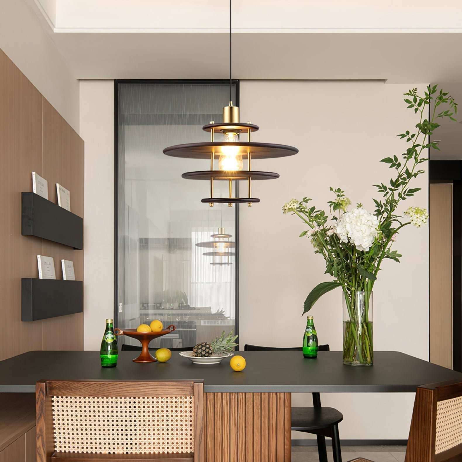 Modern Pendel Wood and Gold Geometric Pendant Light with Concentric Ring Design for Home Decor