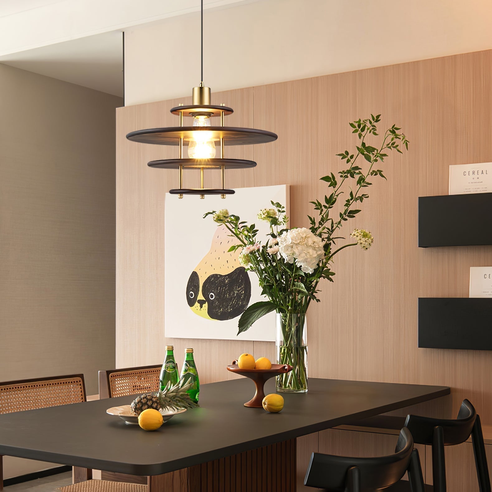 Modern Pendel Wood and Gold Geometric Pendant Light with Concentric Ring Design for Home Decor