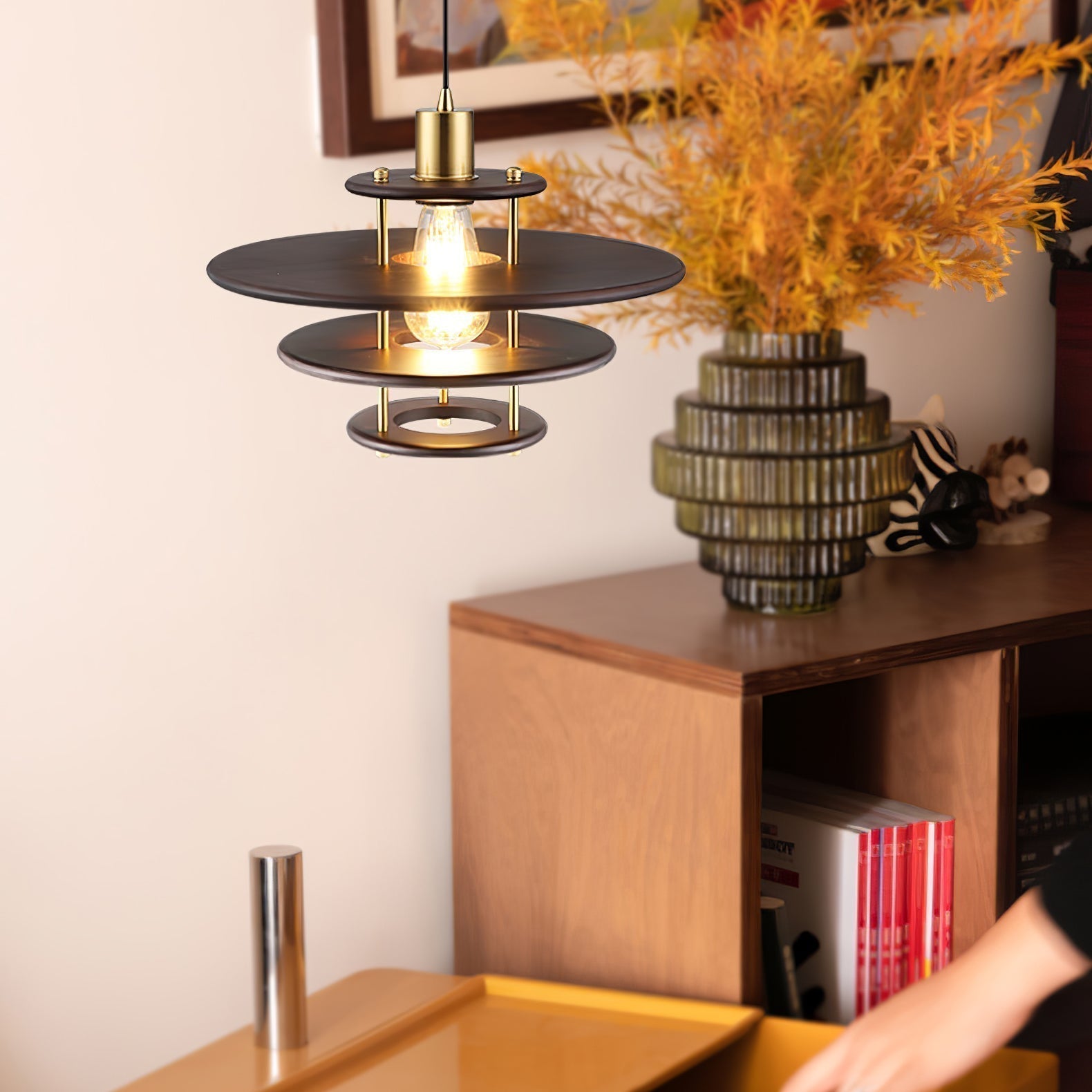 Modern Pendel Wood and Gold Geometric Pendant Light with Concentric Ring Design for Home Decor