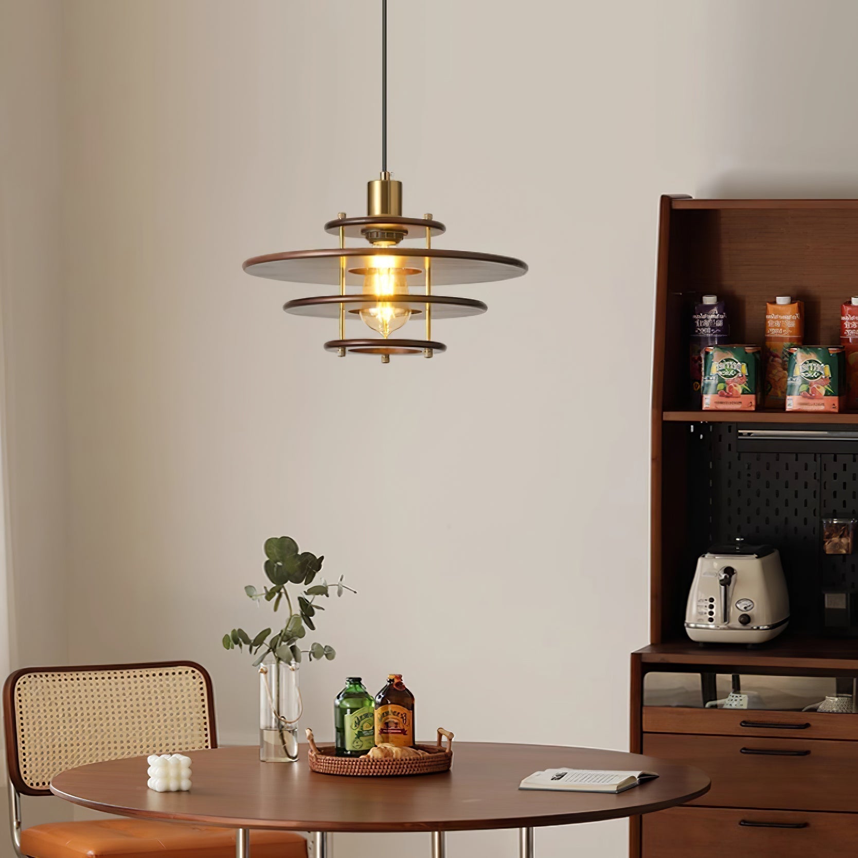 Modern Pendel Wood and Gold Geometric Pendant Light with Concentric Ring Design for Home Decor