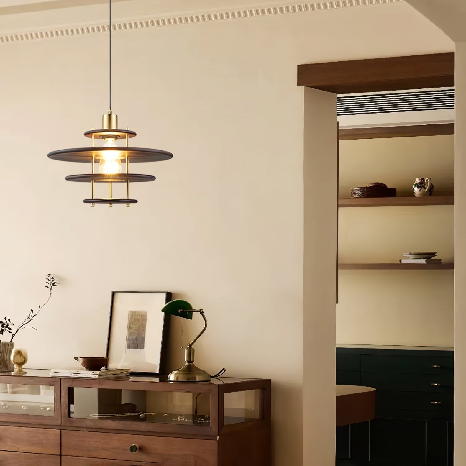 Modern Pendel Wood and Gold Geometric Pendant Light with Concentric Ring Design for Home Decor