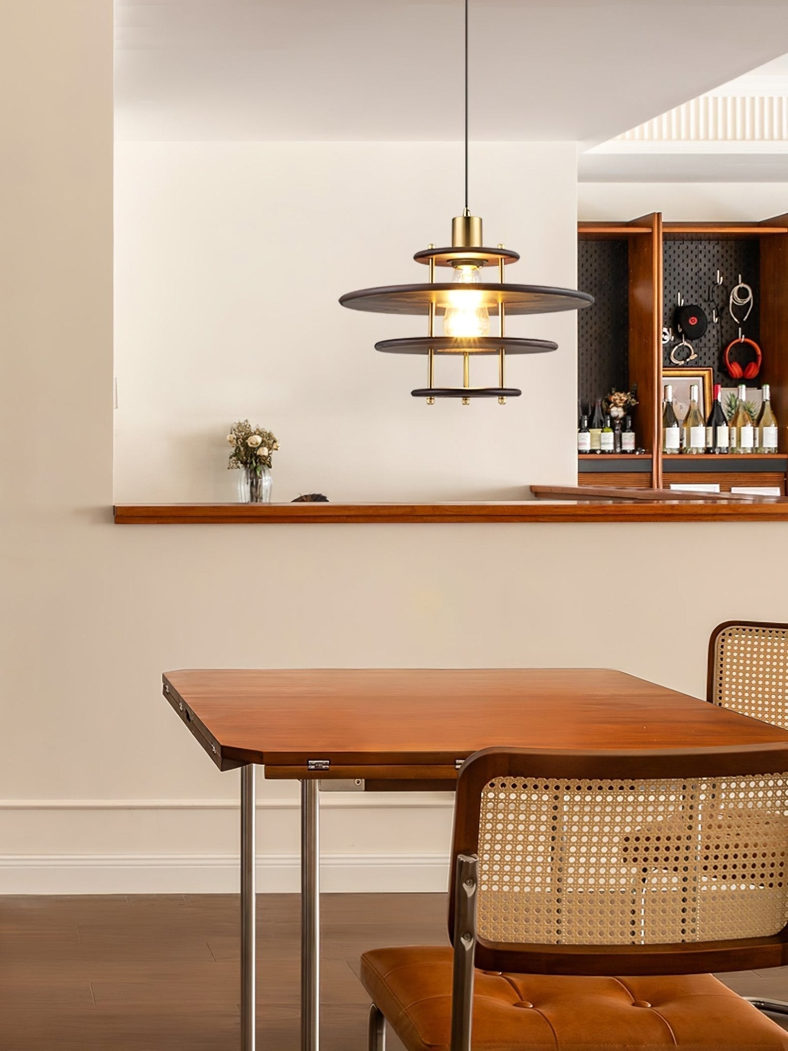 Modern Pendel Wood and Gold Geometric Pendant Light with Concentric Ring Design for Home Decor