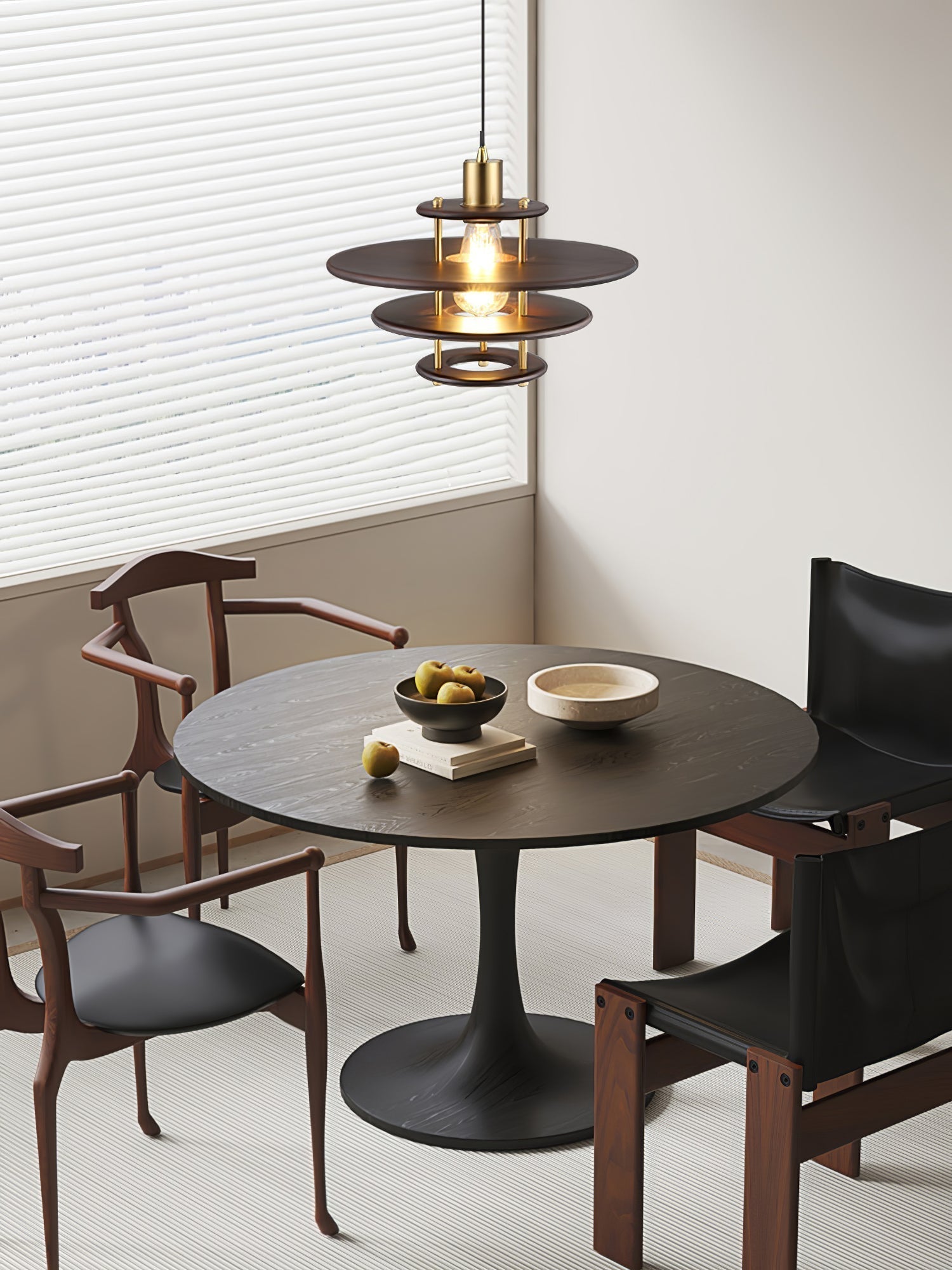Modern Pendel Wood and Gold Geometric Pendant Light with Concentric Ring Design for Home Decor