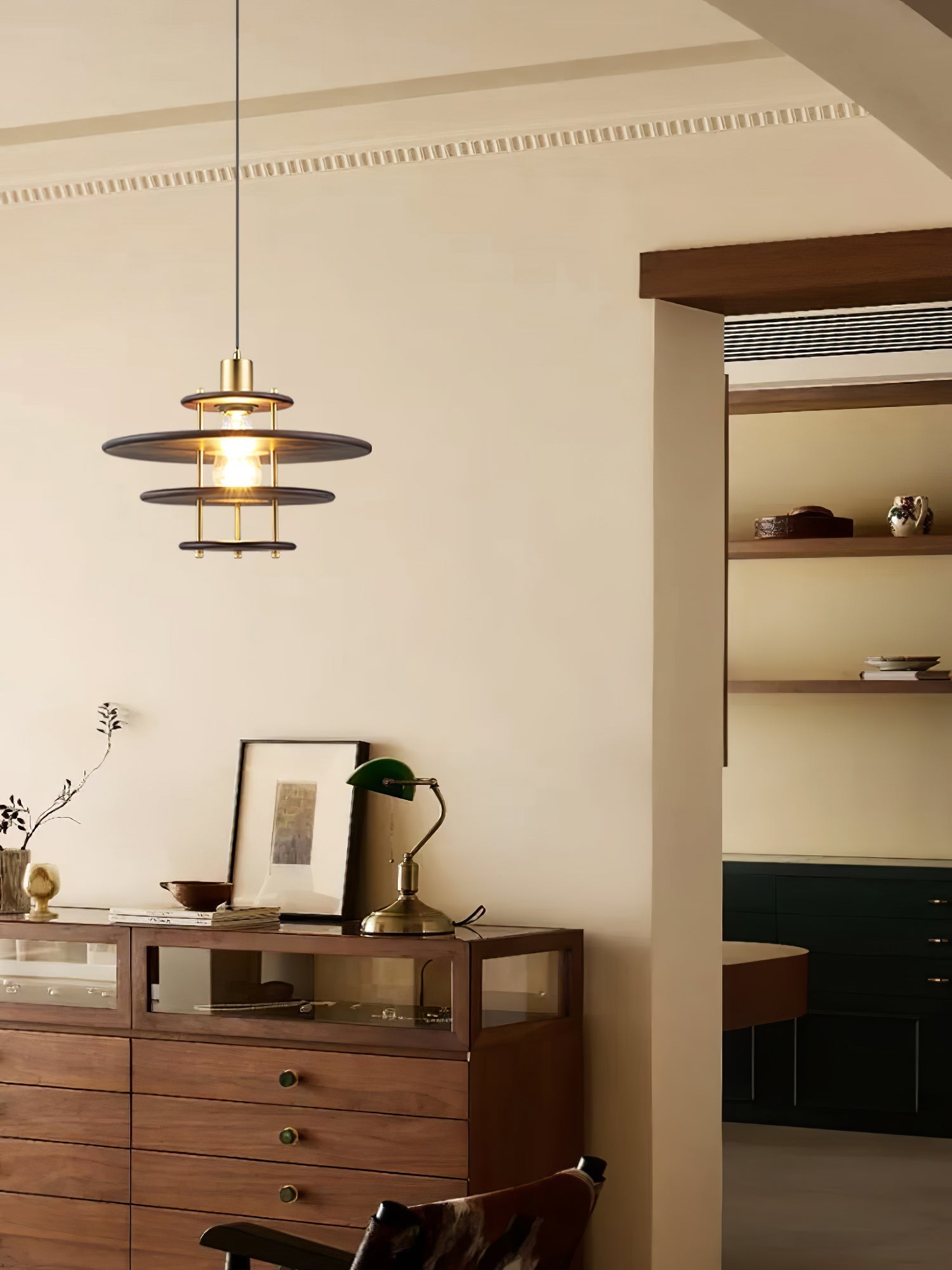 Modern Pendel Wood and Gold Geometric Pendant Light with Concentric Ring Design for Home Decor