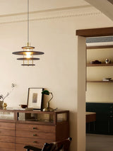 Modern Pendel Wood and Gold Geometric Pendant Light with Concentric Ring Design for Home Decor