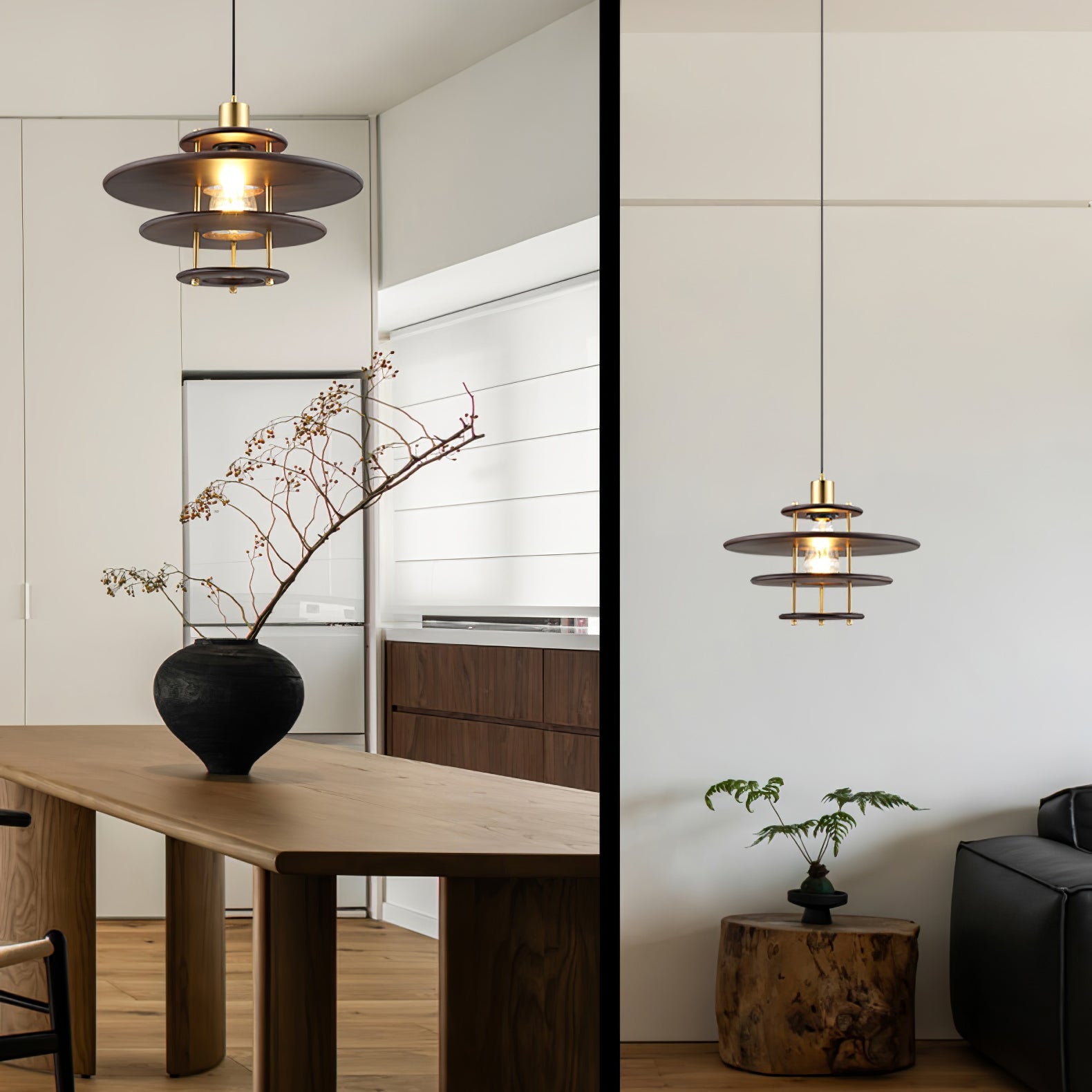 Modern Pendel Wood and Gold Geometric Pendant Light with Concentric Ring Design for Home Decor
