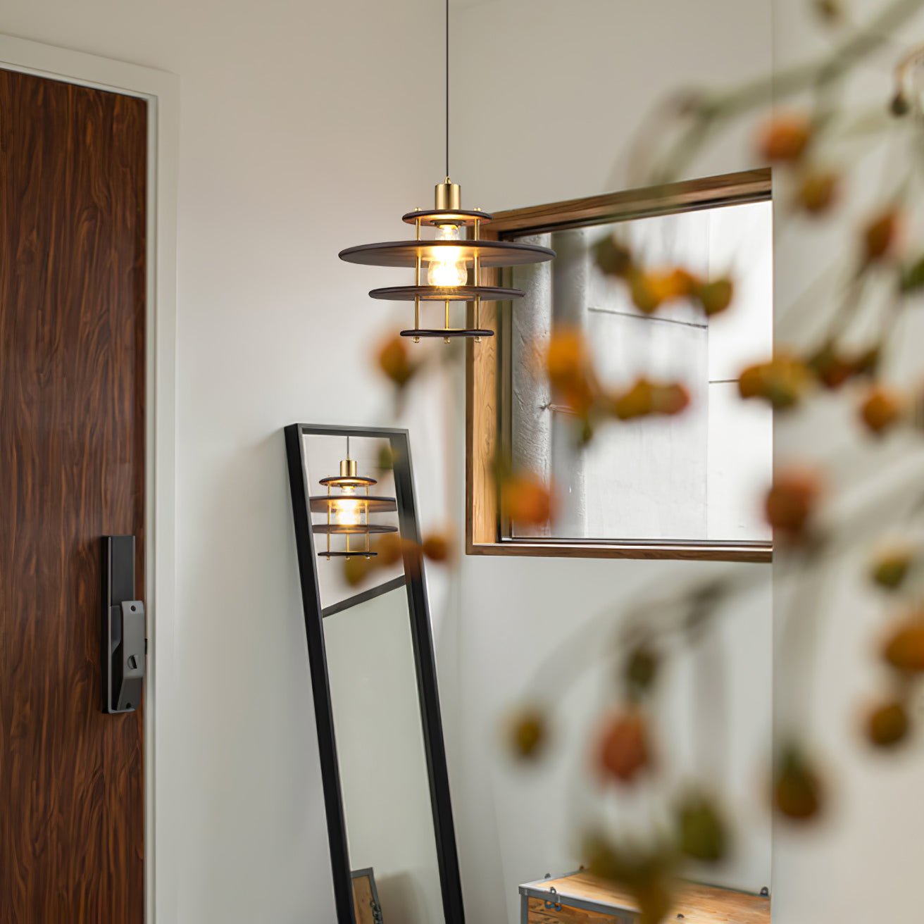 Modern Pendel Wood and Gold Geometric Pendant Light with Concentric Ring Design for Home Decor