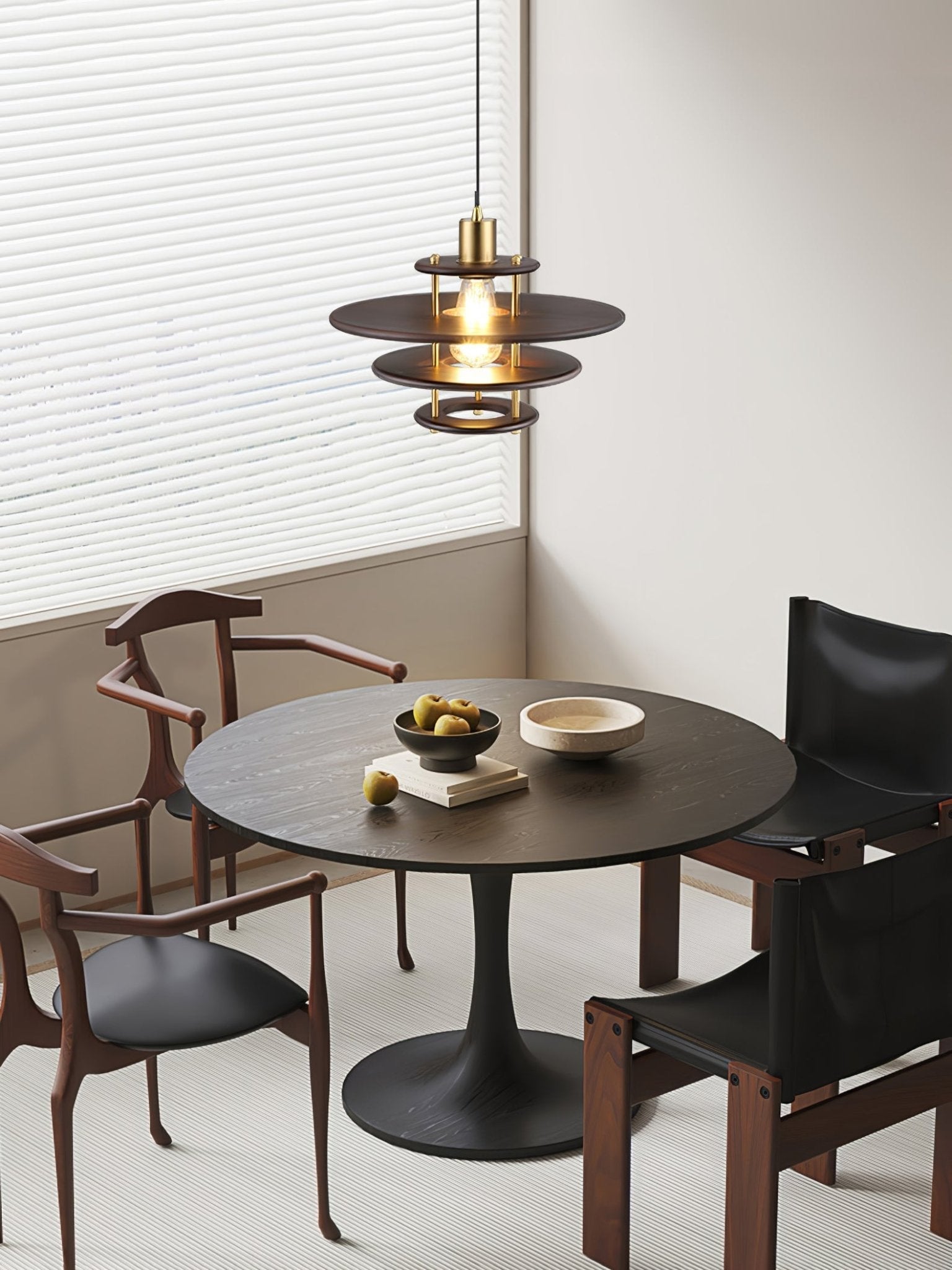 Modern Pendel Wood and Gold Geometric Pendant Light with Concentric Ring Design for Home Decor