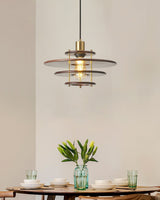 Modern Pendel Wood and Gold Geometric Pendant Light with Concentric Ring Design for Home Decor