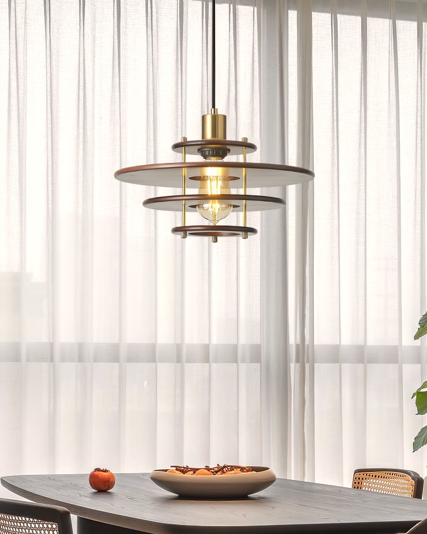 Modern Pendel Wood and Gold Geometric Pendant Light with Concentric Ring Design for Home Decor