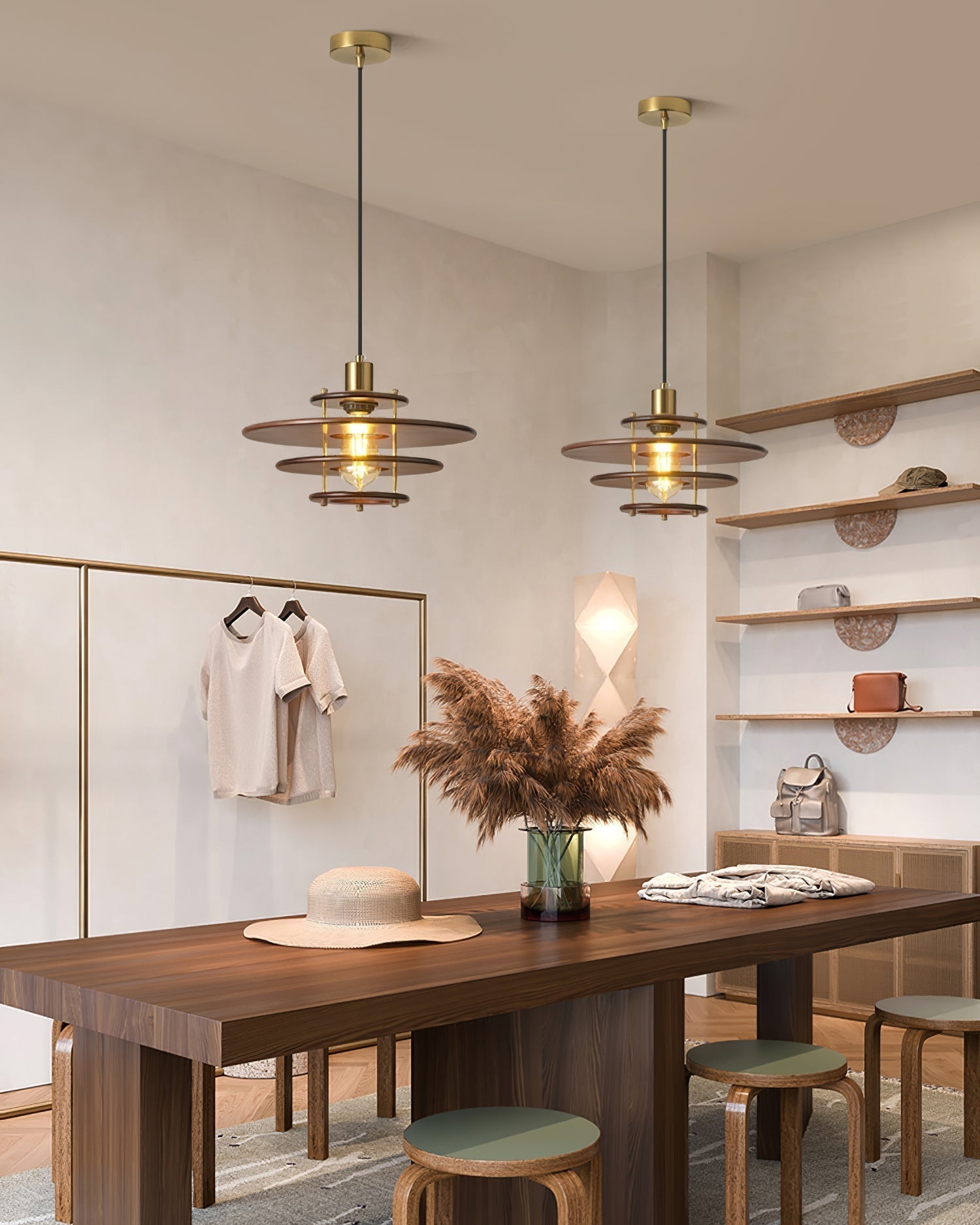 Modern Pendel Wood and Gold Geometric Pendant Light with Concentric Ring Design for Home Decor