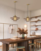 Modern Pendel Wood and Gold Geometric Pendant Light with Concentric Ring Design for Home Decor