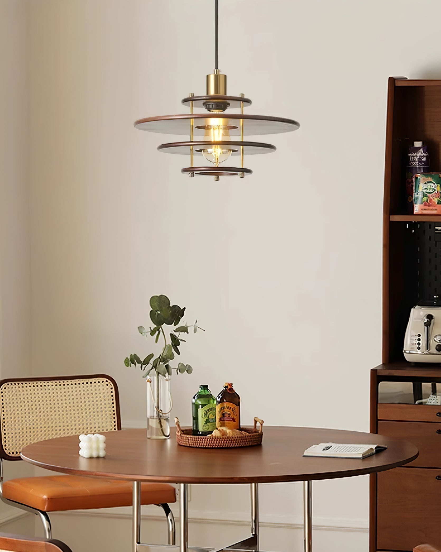 Modern Pendel Wood and Gold Geometric Pendant Light with Concentric Ring Design for Home Decor