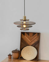Modern Pendel Wood and Gold Geometric Pendant Light with Concentric Ring Design for Home Decor