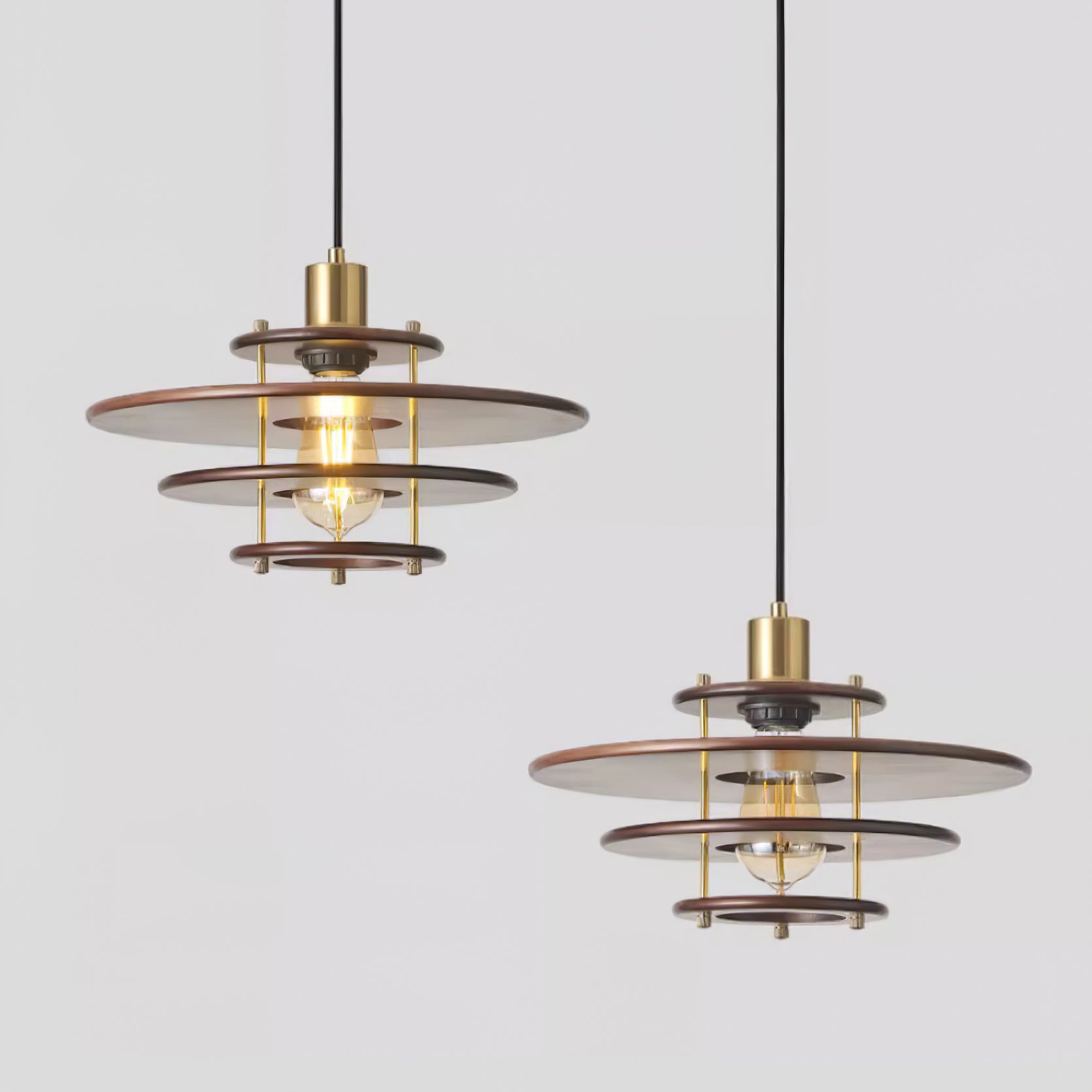 Modern Pendel Wood and Gold Geometric Pendant Light with Concentric Ring Design for Home Decor