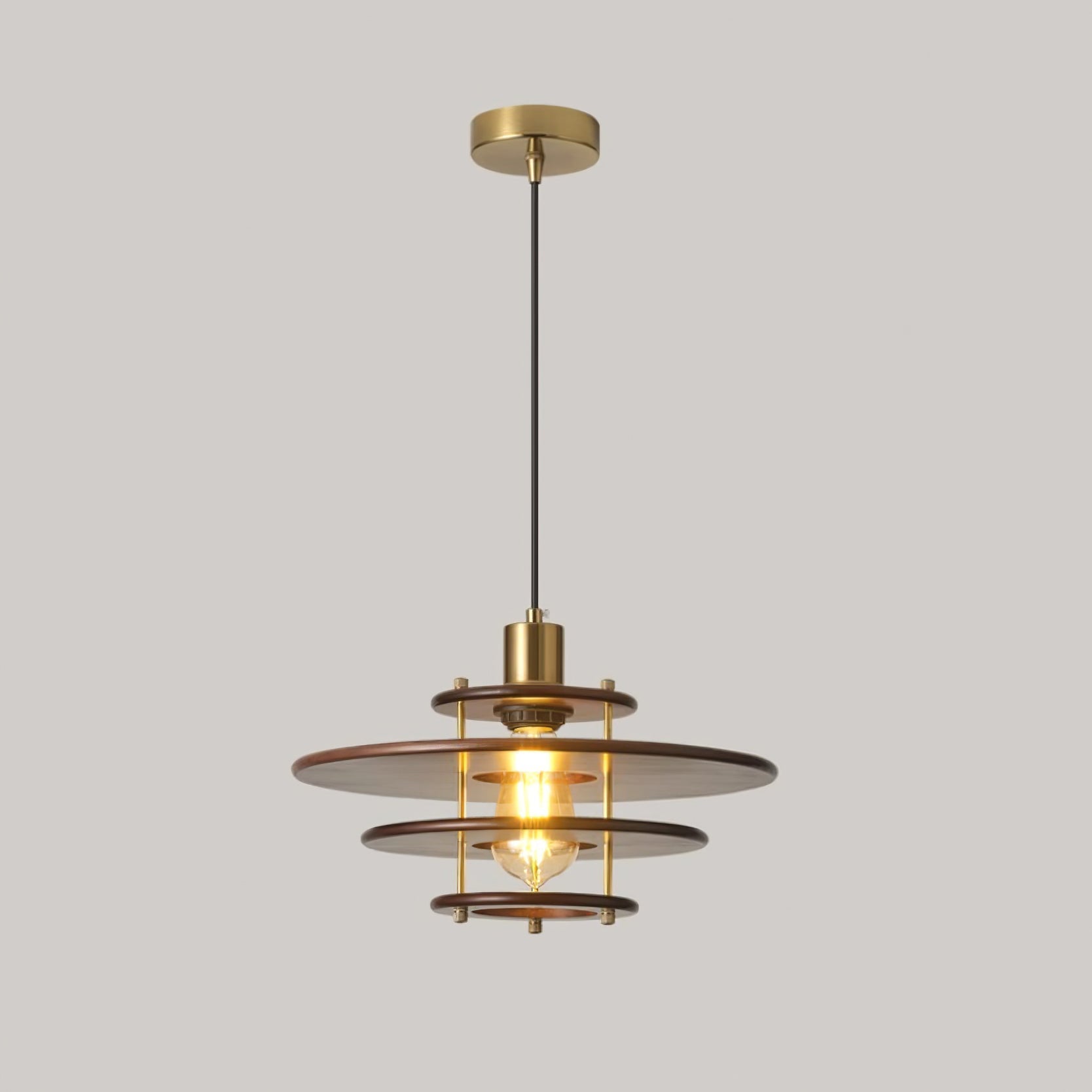 Modern Pendel Wood and Gold Geometric Pendant Light with Concentric Ring Design for Home Decor