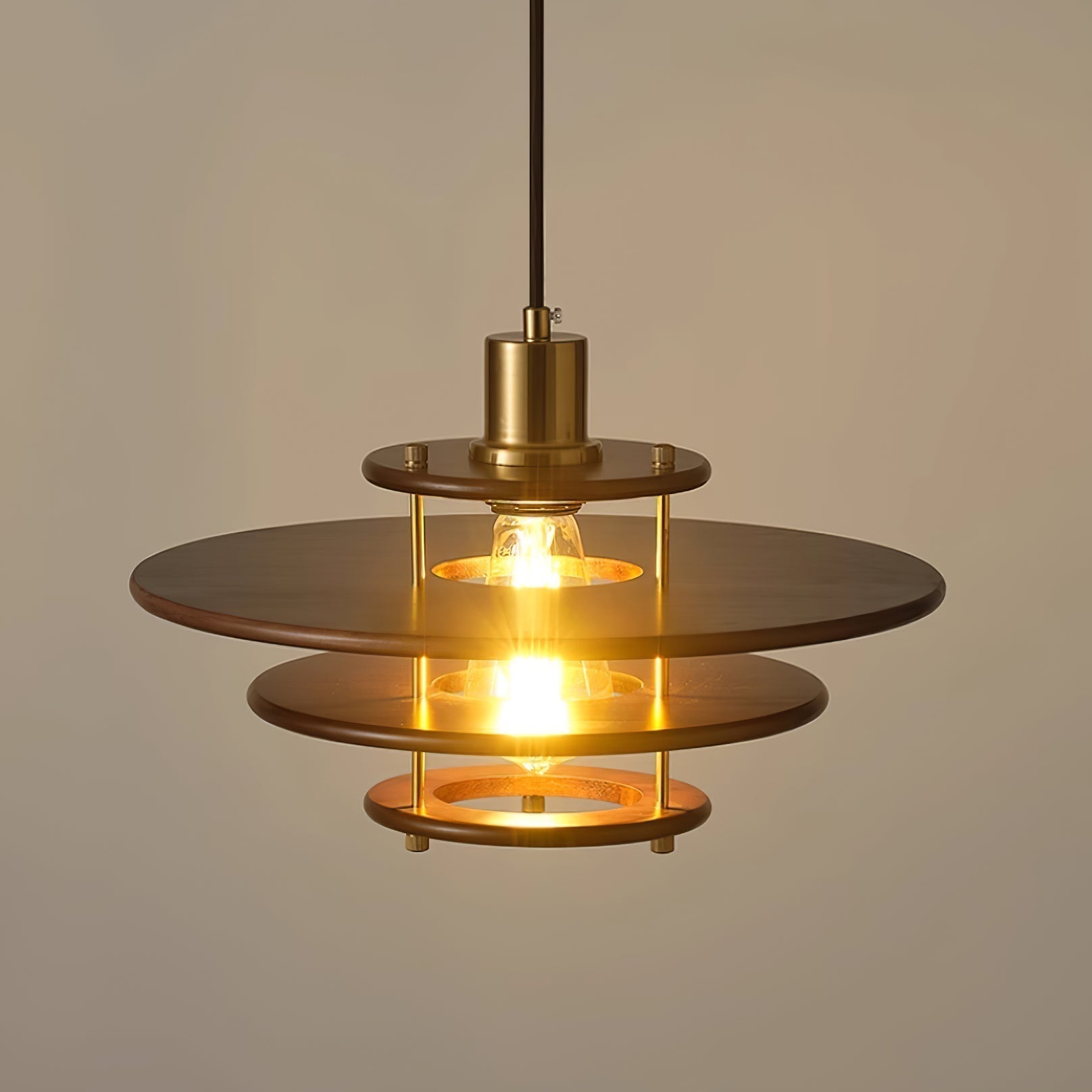 Modern Pendel Wood and Gold Geometric Pendant Light with Concentric Ring Design for Home Decor