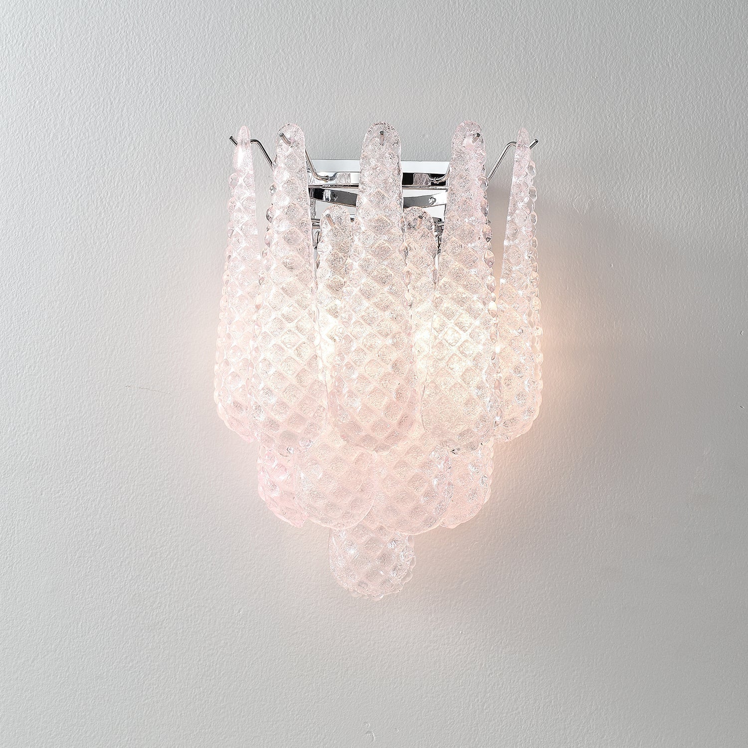 Modern Pink Waffle Pattern Glass Wall Sconce with Chrome Metal Finish Interior Lighting