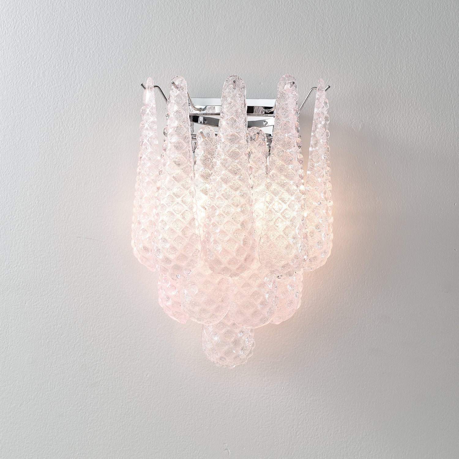 Modern Pink Waffle Pattern Glass Wall Sconce with Chrome Metal Finish Interior Lighting
